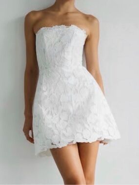 Jenny Yoo Strapless White Lace A-Line Short Wedding Dress
